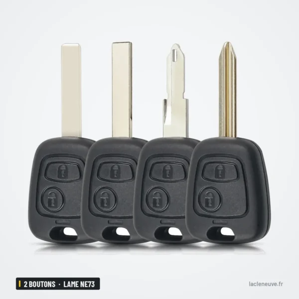 Coque de clé 2 boutons pour Peugeot 206, 307, 407, Citroën C3, C4, lame NE73 - quatre lames différentes comparées côte à côte