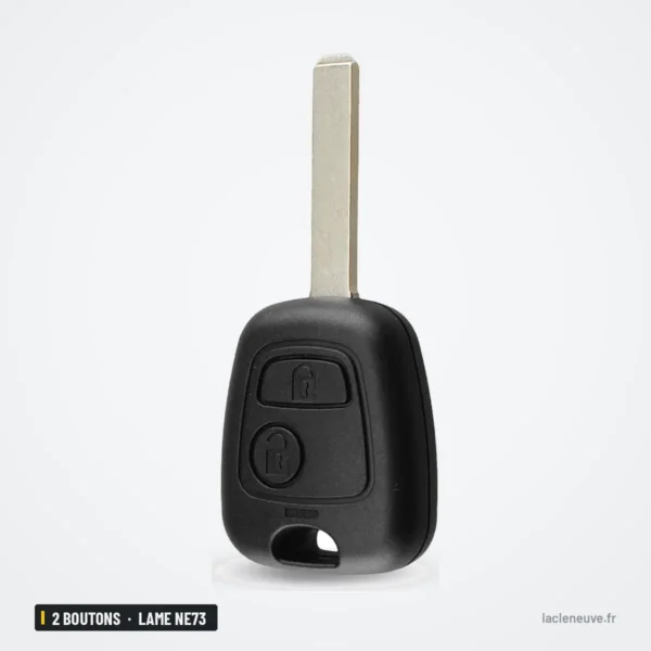 Coque de clé 2 boutons pour Peugeot 206, 307, 407, Citroën C3, C4 - vue de profil, lame visible, sans bouton apparent