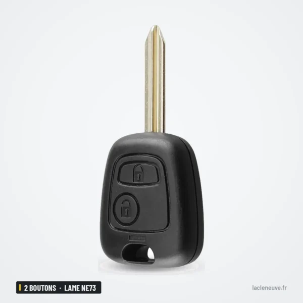 Coque de clé 2 boutons pour Peugeot 206, 307, 407, Citroën C3, C4 - vue de face avec deux boutons et la lame visible
