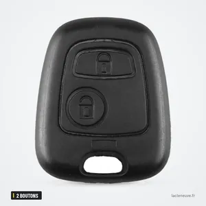 Coque de clé 2 boutons pour Peugeot 207, 307, 407, Citroën C3, C4, C5 - vue de face, deux boutons visibles Coque de clé 2 boutons pour Peugeot 207, 307, 407, Citroën C3, C4, C5 - vue de face, deux boutons visibles