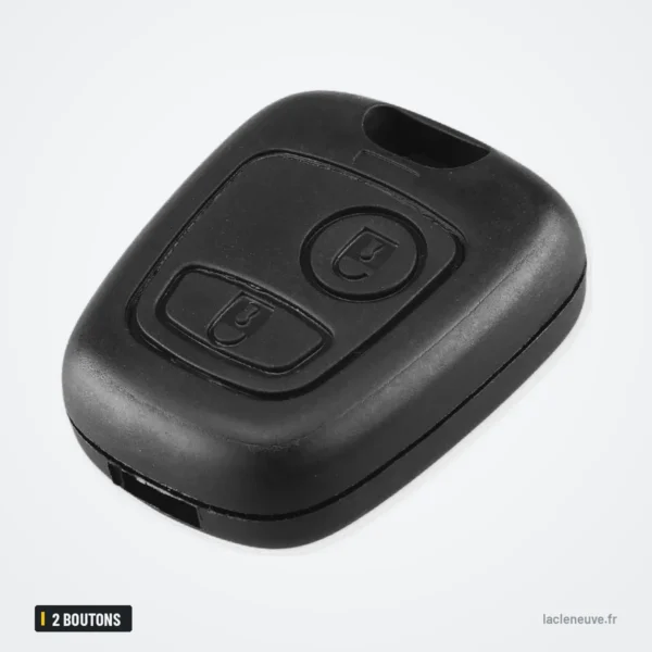 Coque de clé 2 boutons pour Peugeot 207, 307, 407, Citroën C3, C4, C5 - vue de face, cadrage resserré