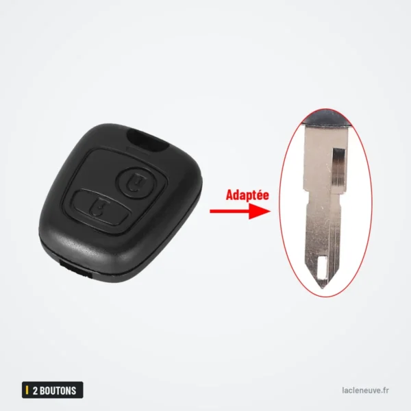 Coque de clé 2 boutons pour Peugeot 207, 307, 407, Citroën C3, C4, C5 - coque et lame assortie présentées ensemble