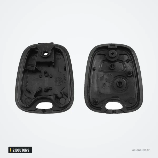 Coque de clé 2 boutons pour Peugeot 207, 307, 407, Citroën C3, C4, C5 - coque ouverte en deux parties, intérieur visible
