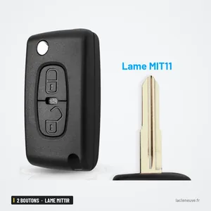 Coque de clé 2 boutons pour Peugeot 4007, 4008, Citroën C-Crosser - vue de face, lame déployée, texte repère visible Coque de clé 2 boutons pour Peugeot 4007, 4008, Citroën C-Crosser - vue de face, lame déployée, texte repère visible
