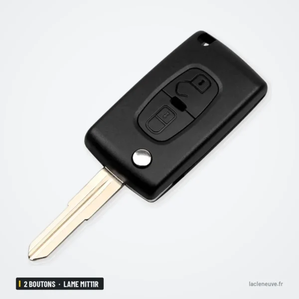 Coque de clé 2 boutons pour Peugeot 4007, 4008, Citroën C-Crosser, lame MIT11R - coque pliée fermée, vue de profil