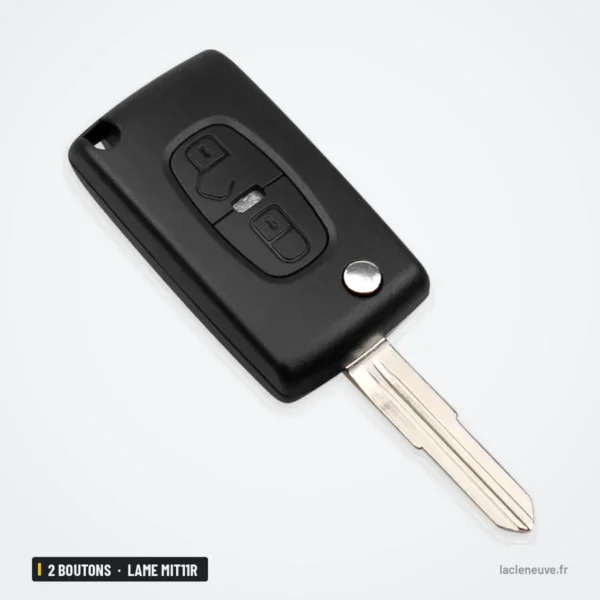 Coque de clé 2 boutons pour Peugeot 4007, 4008, Citroën C-Crosser - coque dépliée, lame sortie, vue de trois quarts