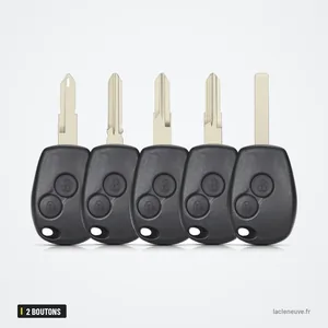 Coque de clé 2 boutons pour Renault Clio, Twingo, Kangoo, Dacia Logan - cinq coques identiques alignées Coque de clé 2 boutons pour Renault Clio, Twingo, Kangoo, Dacia Logan - cinq coques identiques alignées
