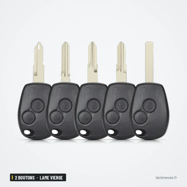 Coque de clé 2 boutons pour Renault Mégane, Clio, Dacia Logan, lame vierge - cinq lames vierges alignées