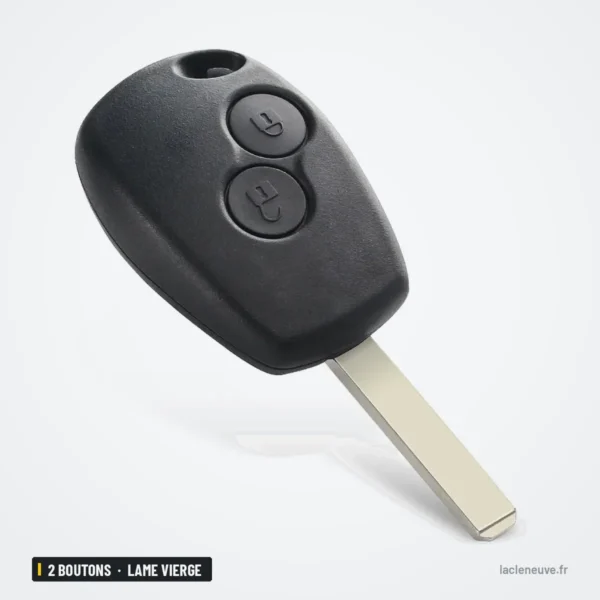 Coque de clé 2 boutons pour Renault Mégane, Clio, Dacia Logan, lame vierge - vue de dos, angle différent