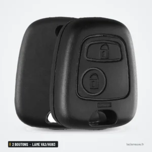 Coque de clé 2 boutons sans logo pour Peugeot, Citroën, Toyota, lame VA2/HU83 - vue de dos, deux coques assemblées