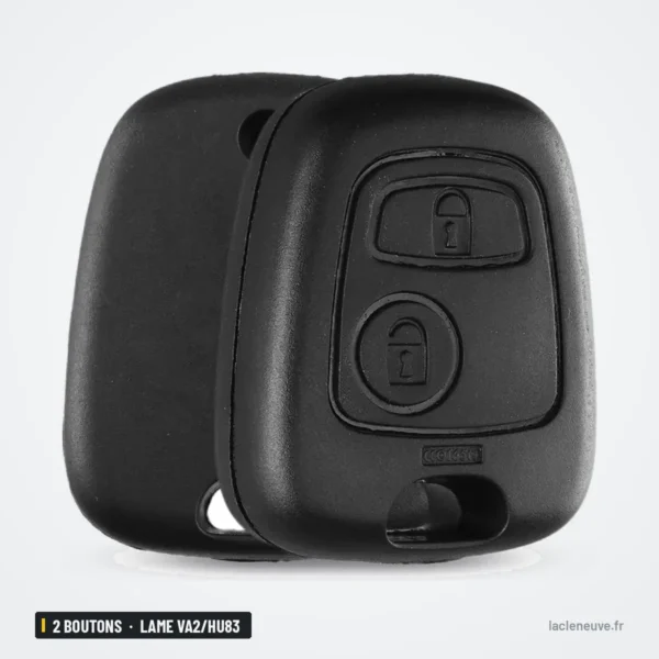 Coque de clé 2 boutons sans logo pour Peugeot, Citroën, Toyota, lame VA2/HU83 - vue de dos, deux coques assemblées