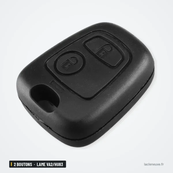 Coque de clé 2 boutons sans logo pour Peugeot, Citroën, Toyota, lame VA2/HU83 - vue de face, boutons ronds