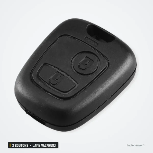 Coque de clé 2 boutons sans logo pour Peugeot, Citroën, Toyota, lame VA2/HU83 - vue de face, boutons rectangulaires