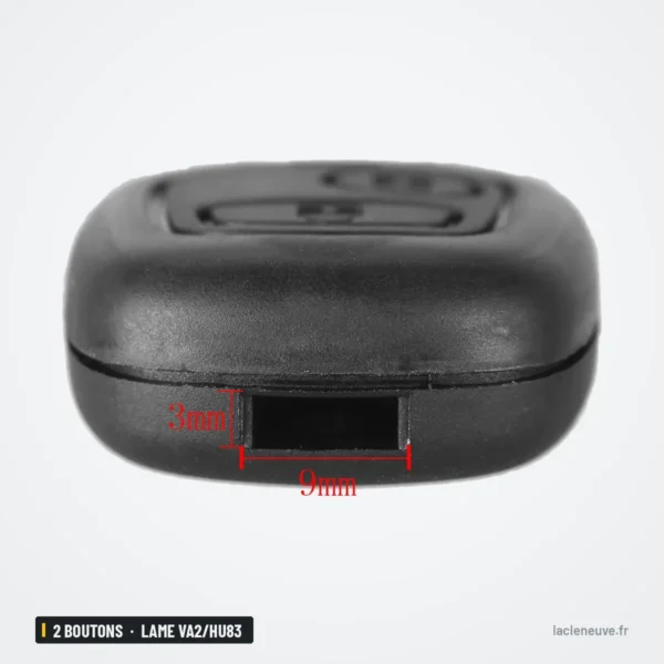 Coque de clé 2 boutons sans logo pour Peugeot, Citroën, Toyota, lame VA2/HU83 - vue de dessous avec dimensions indiquées