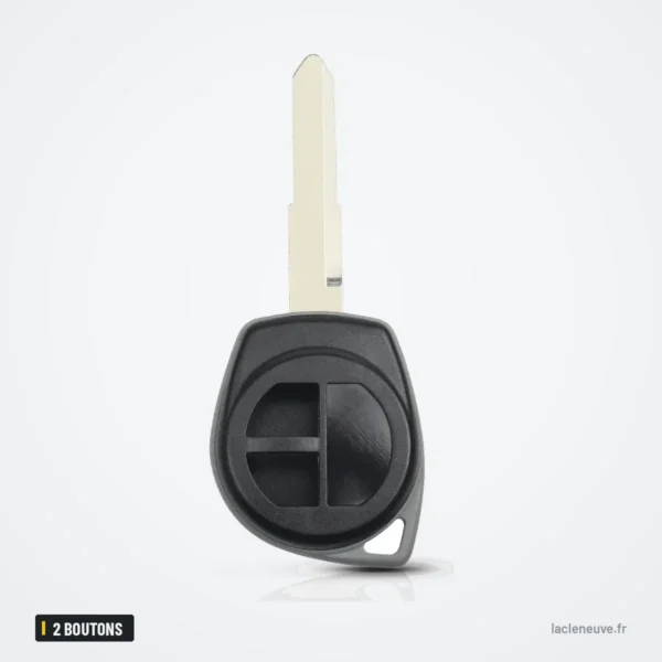 Coque de clé 2 boutons pour Suzuki Swift, SX4, Vitara, Jimny - vue de face à plat, lame vers le haut