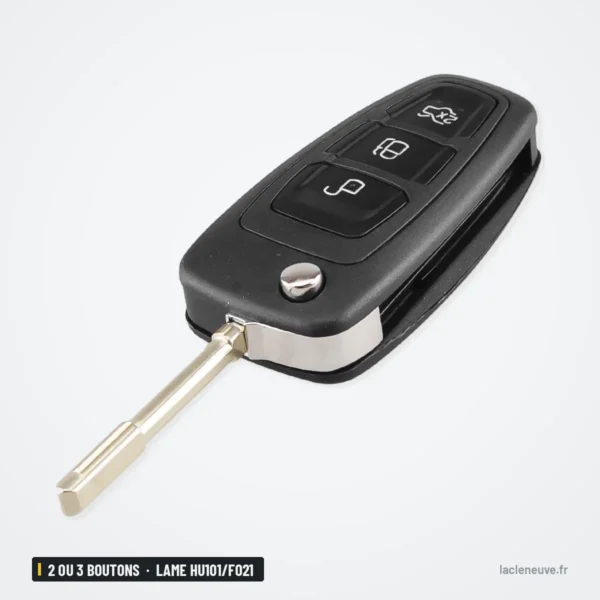 Coque de clé 2 ou 3 boutons pour Ford Focus, Mondeo, Galaxy, lame HU101/FO21 - clé dépliée vue de dessus, lame visible
