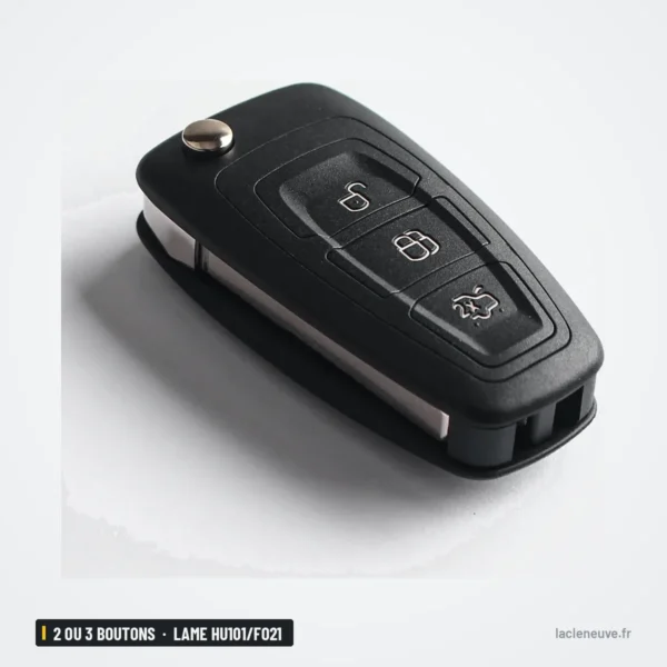 Coque de clé 2 ou 3 boutons pour Ford Focus, Mondeo, Galaxy, lame HU101/FO21 - clé repliée en angle, trois boutons visibles