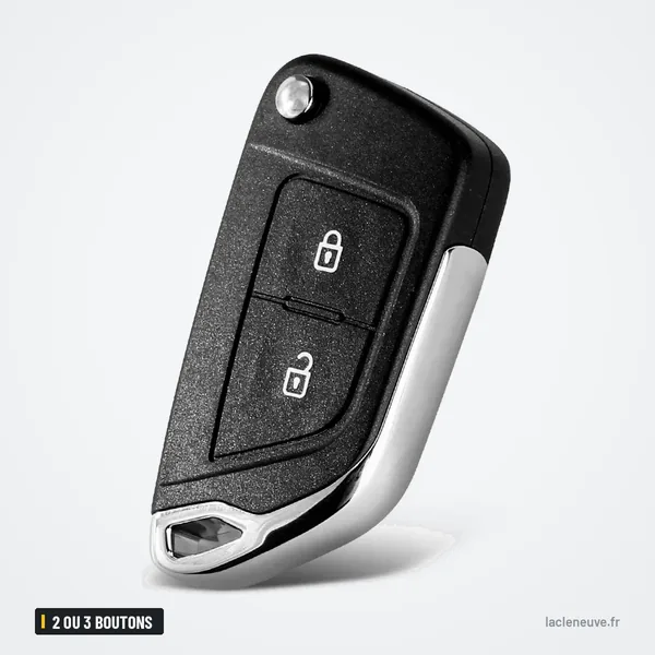 Coque de clé 2 ou 3 boutons pour Peugeot 207, 307, 308, Citroën C4 - vue de trois quarts, deux boutons