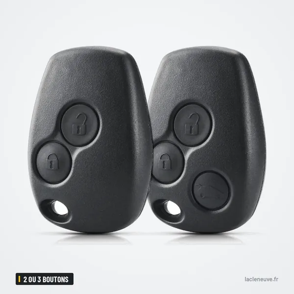 Coque de clé 2 ou 3 boutons pour Renault Clio 3, Twingo, Dacia Duster - deux boîtiers vus de face et de profil