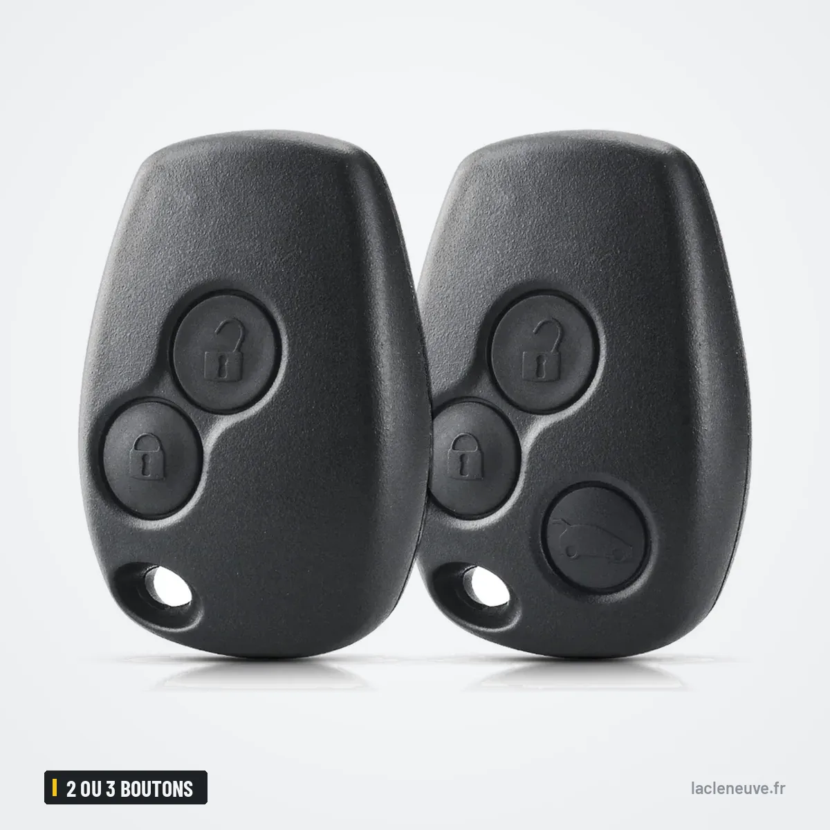 Coque de clé 2 ou 3 boutons pour Renault Clio 3, Twingo, Dacia Duster - deux boîtiers vus de face et de profil Coque de clé 2 ou 3 boutons pour Renault Clio 3, Twingo, Dacia Duster - deux boîtiers vus de face et de profil