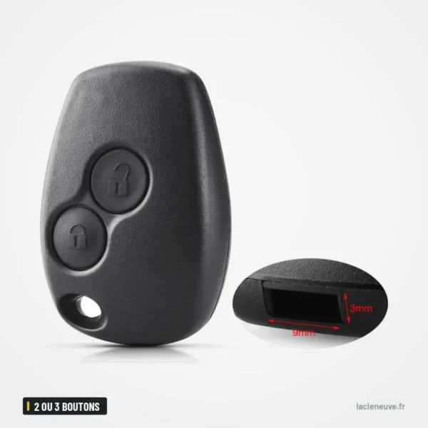 Coque de clé 2 ou 3 boutons pour Renault Clio 3, Twingo, Dacia Duster - vue de face avec mesure du coin inférieur