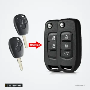 Coque de clé 2 ou 3 boutons pour Renault Clio, Mégane, Dacia Logan, Sandero - comparaison avant et après transformation