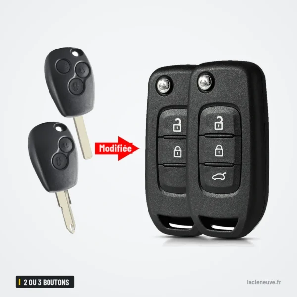 Coque de clé 2 ou 3 boutons pour Renault Clio, Mégane, Dacia Logan, Sandero - comparaison avant et après transformation