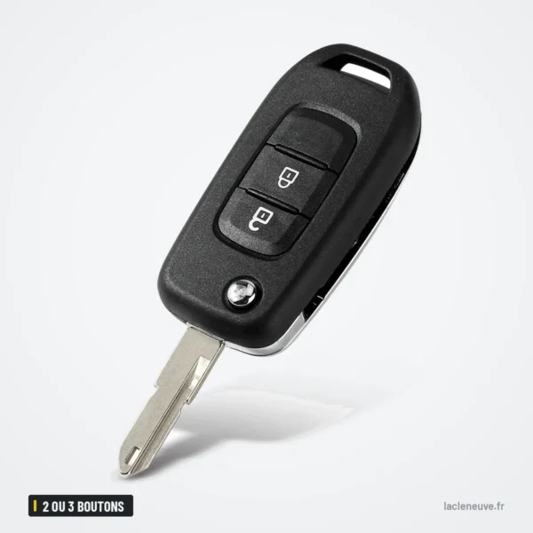 Coque de clé 2 ou 3 boutons pour Renault Clio, Mégane, Dacia Logan, Sandero - vue de trois quarts, lame repliée