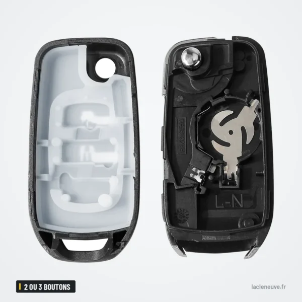 Coque de clé 2 ou 3 boutons pour Renault Clio, Mégane, Dacia Logan, Sandero - coque ouverte, intérieur et mécanisme visibles