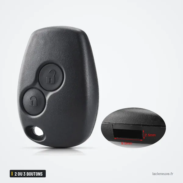 Coque de clé 2 ou 3 boutons pour Renault, Dacia, Nissan, sans lame - détail de l'épaisseur du bord de la coque