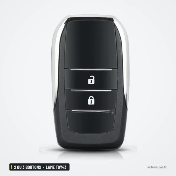 Coque de clé 2 ou 3 boutons pour Toyota Camry, RAV4, Corolla, Prado, lame TOY43 - vue de face, contour chromé et deux boutons