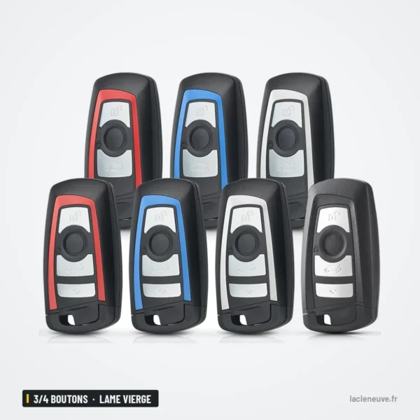 Coque de clé 3/4 boutons pour BMW Série 3, 5, 7, X5, lame vierge - huit coques alignées, couleurs rouge bleu argent noir