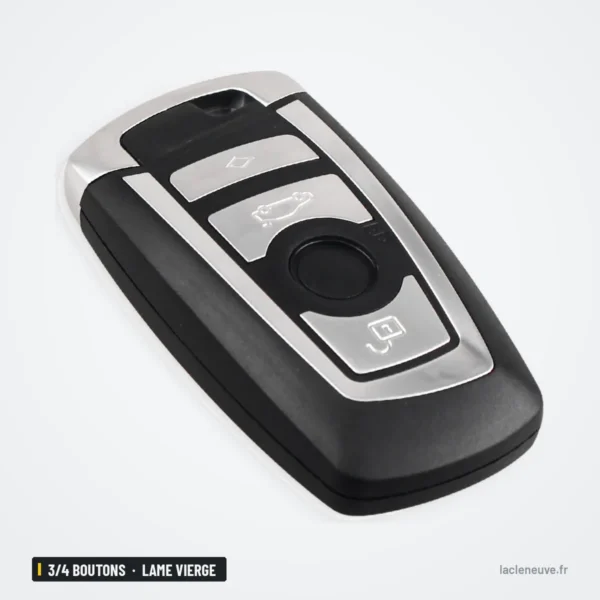 Coque de clé 3/4 boutons pour BMW Série 3, 5, 7, X5, lame vierge - vue de face, finition argentée et boutons visibles