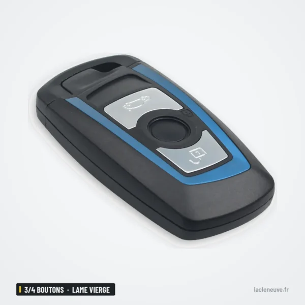 Coque de clé 3/4 boutons pour BMW Série 3, 5, 7, X5, lame vierge - vue de face, finition bleue avec contour chromé