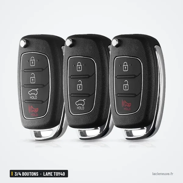 Coque de clé 3/4 boutons pour Hyundai ix35, Elantra, lame TOY40 ou HY20 - trois clés identiques côte à côte