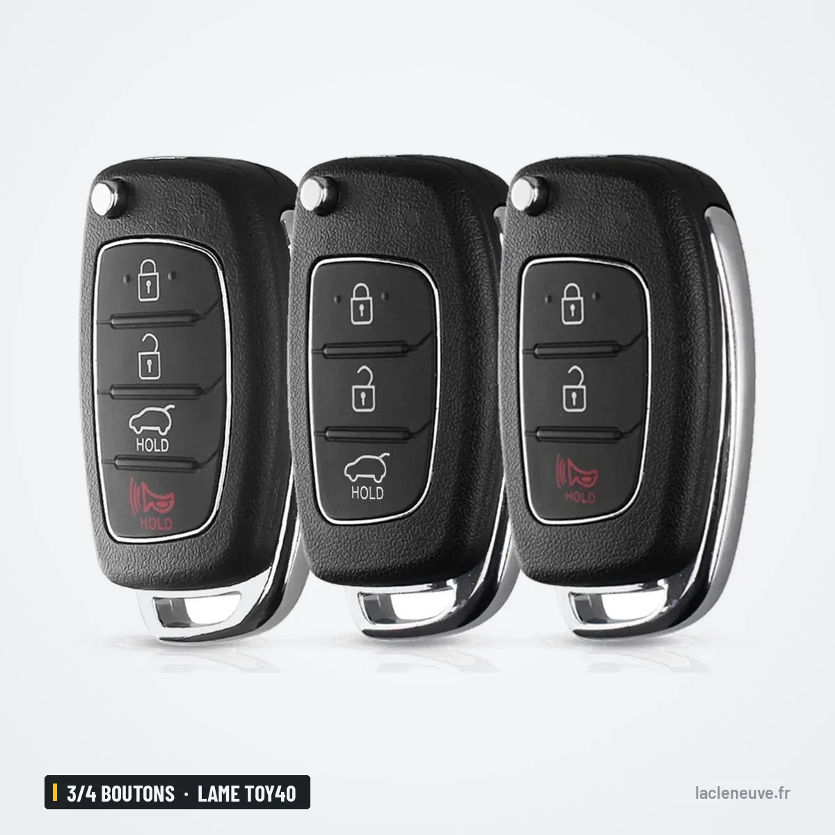 Coque de clé 3/4 boutons pour Hyundai ix35, Elantra, lame TOY40 ou HY20 - trois clés identiques côte à côte
