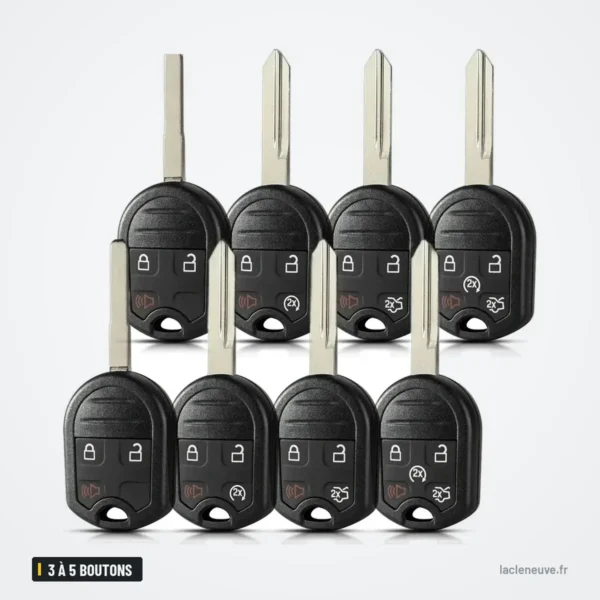Coque de clé 3 à 5 boutons pour Ford Edge, Explorer, Escape, Fusion - huit exemplaires identiques alignés
