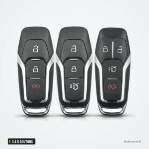 Coque de clé 3 à 5 boutons pour Ford Mondeo, Edge, S-Max, Galaxy - trois coques assemblées côte à côte, vue de face Coque de clé 3 à 5 boutons pour Ford Mondeo, Edge, S-Max, Galaxy - trois coques assemblées côte à côte, vue de face