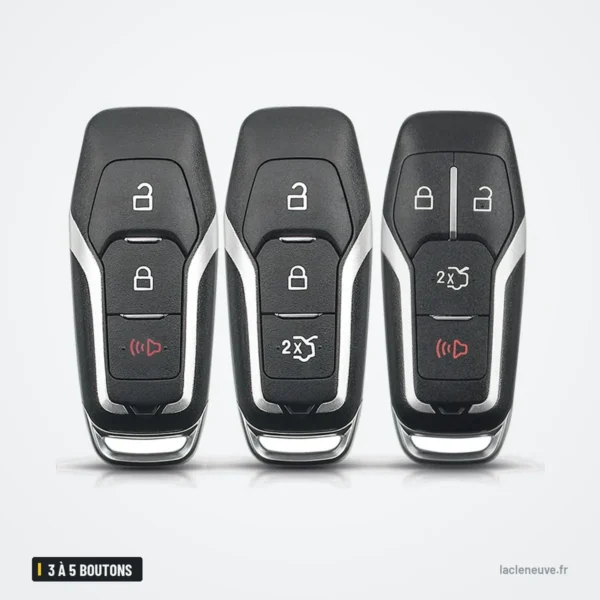 Coque de clé 3 à 5 boutons pour Ford Mondeo, Edge, S-Max, Galaxy - trois coques assemblées côte à côte, vue de face
