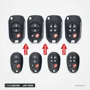 Coque de clé 3 à 6 boutons pour Toyota Sienna, Tundra, Camry - huit télécommandes alignées, versions modifiées signalées Coque de clé 3 à 6 boutons pour Toyota Sienna, Tundra, Camry - huit télécommandes alignées, versions modifiées signalées