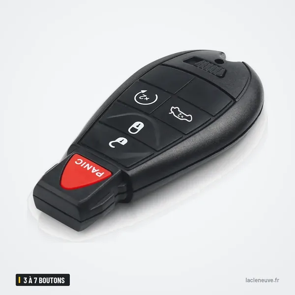 Coque de clé 3 à 7 boutons pour Dodge Charger, Challenger, Chrysler 300, Caravan - vue de face, bouton panique rouge