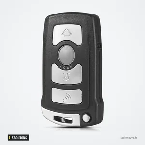 Coque de clé 3 boutons pour BMW Série 1, 3, 5, 6, 7 (E65-E93) CAS1 - vue de face avec boutons visibles Coque de clé 3 boutons pour BMW Série 1, 3, 5, 6, 7 (E65-E93) CAS1 - vue de face avec boutons visibles