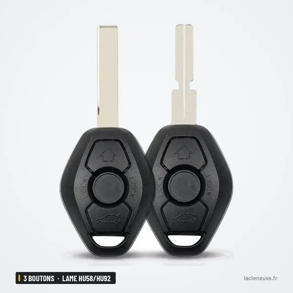 Coque de clé 3 boutons pour BMW Série 1, 3, 5, X5, lame HU58/HU92 - deux coques côte à côte, lames dépliées