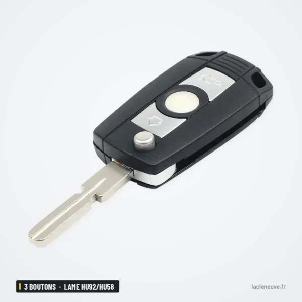 Coque de clé 3 boutons pour BMW Série 1, 3, 5, X5, lame HU92/HU58 - clé pliante dépliée, vue de face