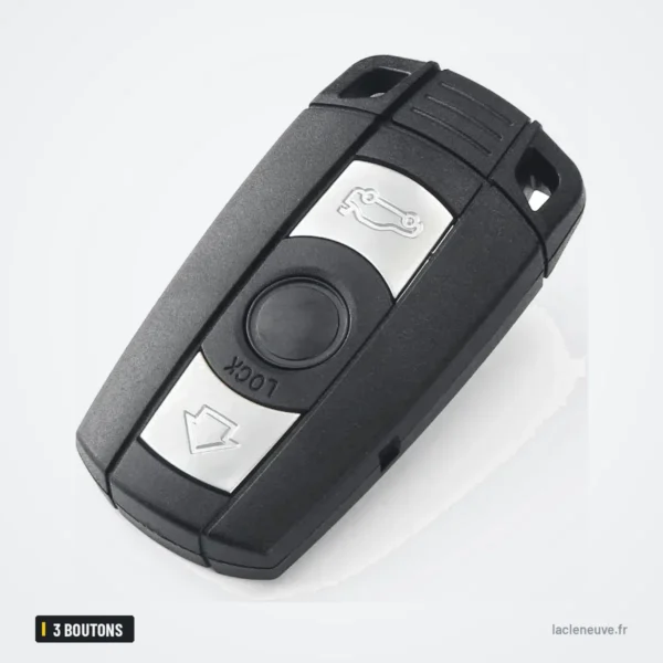 Coque de clé 3 boutons pour BMW Série 1, Série 3, Série 5, X5 - vue de trois quarts, bouton rond central