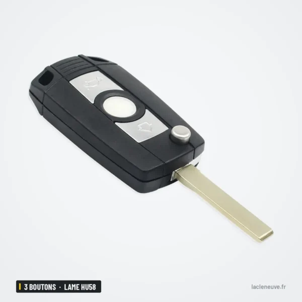 Coque de clé 3 boutons pour BMW Série 3, Série 5, X3, X5, lame HU58 ou HU92 - clé vue de face avec lame rentrée