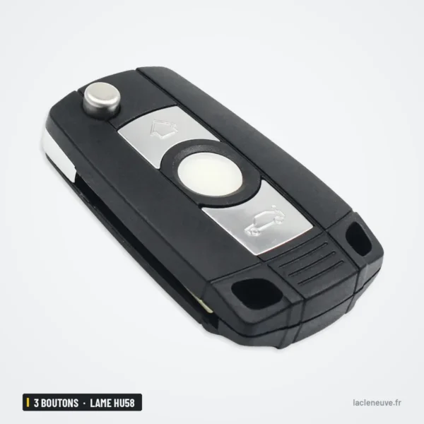 Coque de clé 3 boutons pour BMW Série 3, Série 5, X3, X5, lame HU58 ou HU92 - clé vue de profil avec lame rentrée