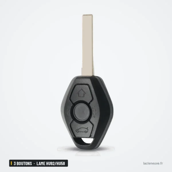 Coque de clé 3 boutons pour BMW Série 3, Série 5, X3, X5, lame HU92/HU58 - vue de face debout sur la lame