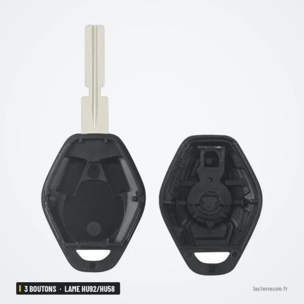 Coque de clé 3 boutons pour BMW Série 3, Série 5, X3, X5, lame HU92/HU58 - coque ouverte en deux, vide
