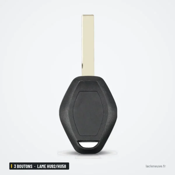 Coque de clé 3 boutons pour BMW Série 3, Série 5, X3, X5, lame HU92/HU58 - vue de dessus, forme arrondie, sans lame